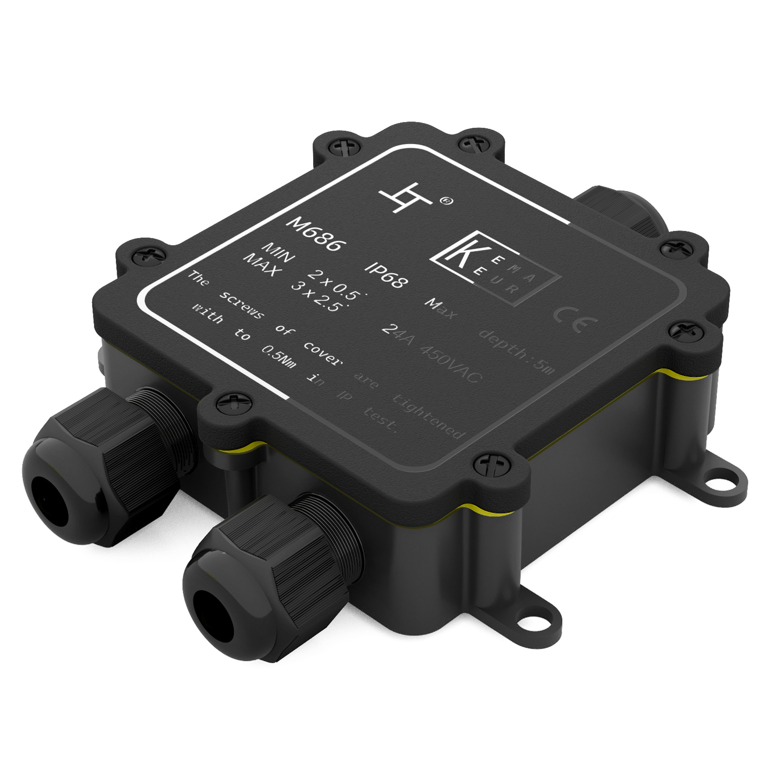 Schwarze IP68-Anschlussdose mit M686-Etikett, zwei Kabelverschraubungen und CE-Zeichen.