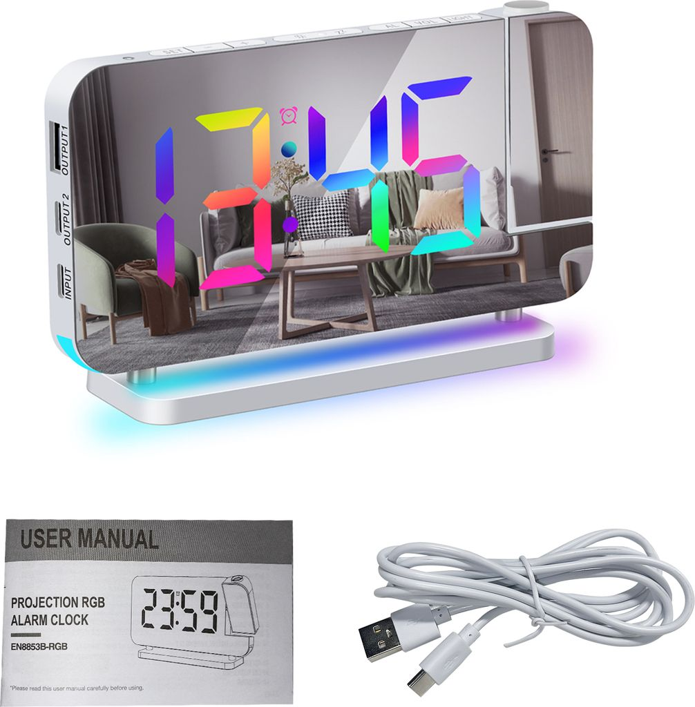 Digitaluhr mit RGB-Anzeige zeigt 17:45. Nebenan liegen ein Handbuch und ein USB-Kabel.