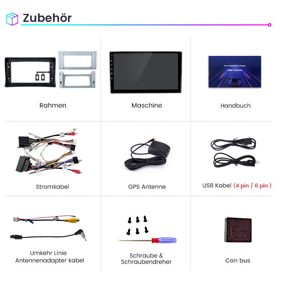 Zubehör: Rahmen, Maschine, Handbuch, Stromkabel, GPS Antenne, USB Kabel, Antennenadapter, Schrauben, Schraubendreher, Can Bus.