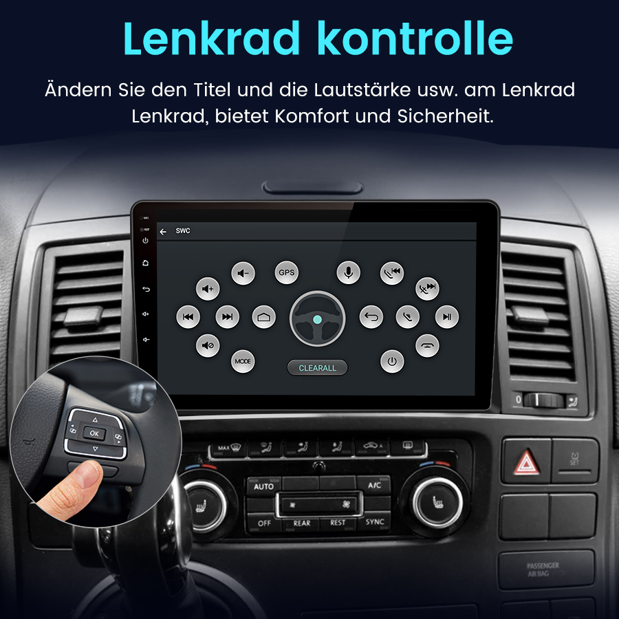 Ein Auto-Infotainmentsystem mit Lenkradsteuerungs-Menü auf dem Bildschirm.