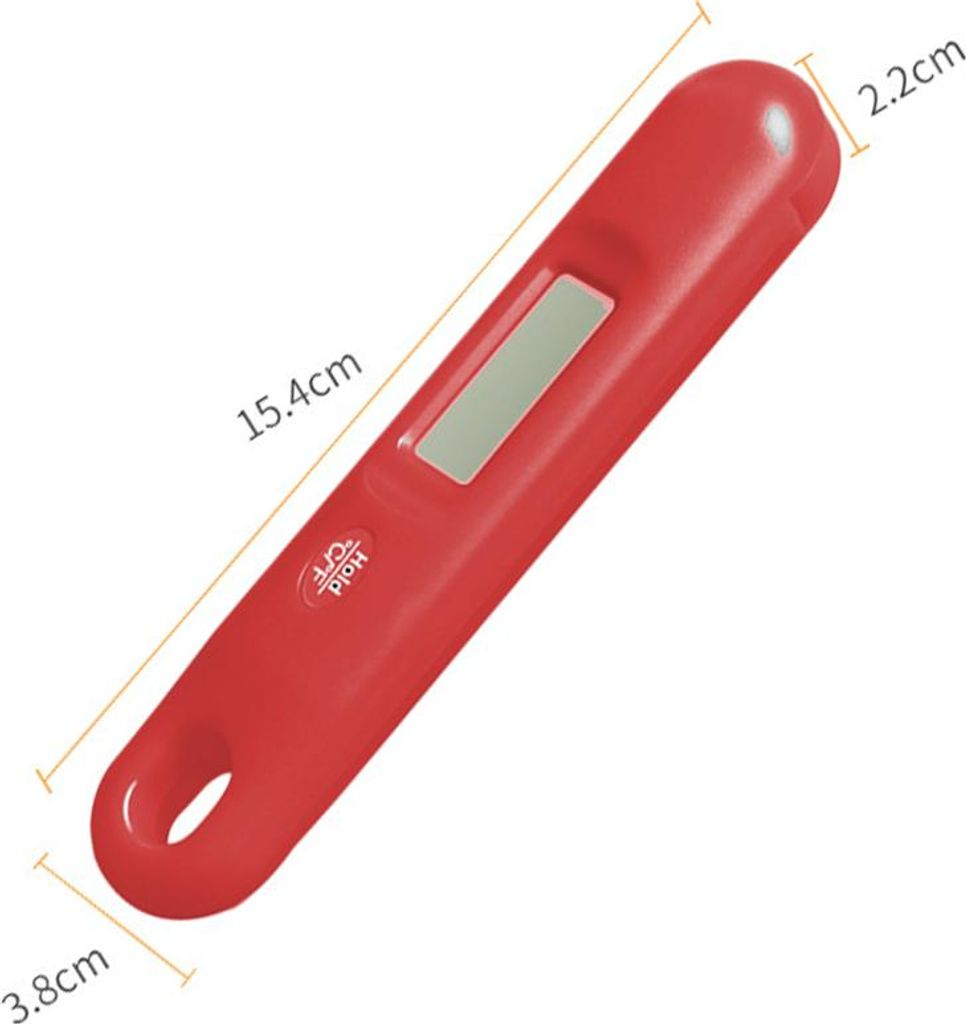 Ein rotes digitales Thermometer mit LCD-Display und einem Griff.