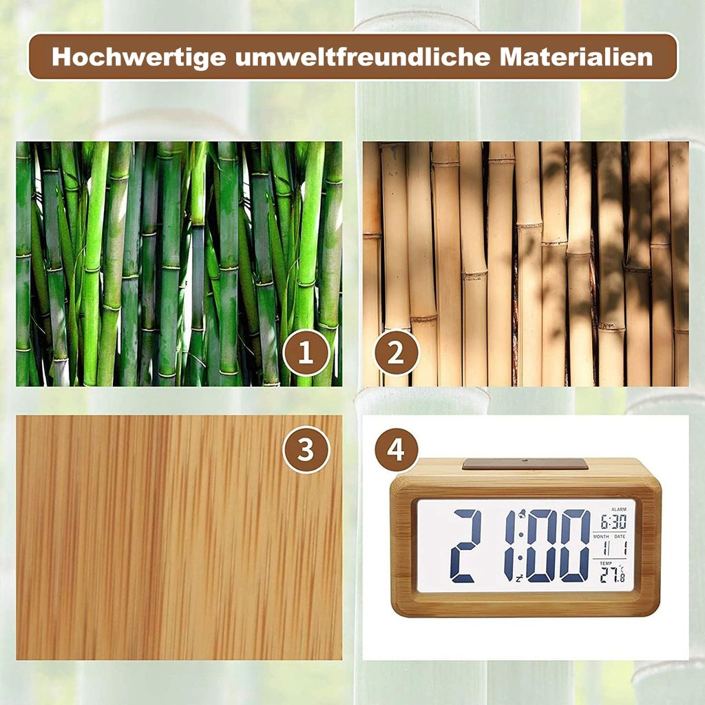 Vier Bilder: grüne Bambusrohre, braune Bambusrohre, Holztextur, digitaler Wecker.