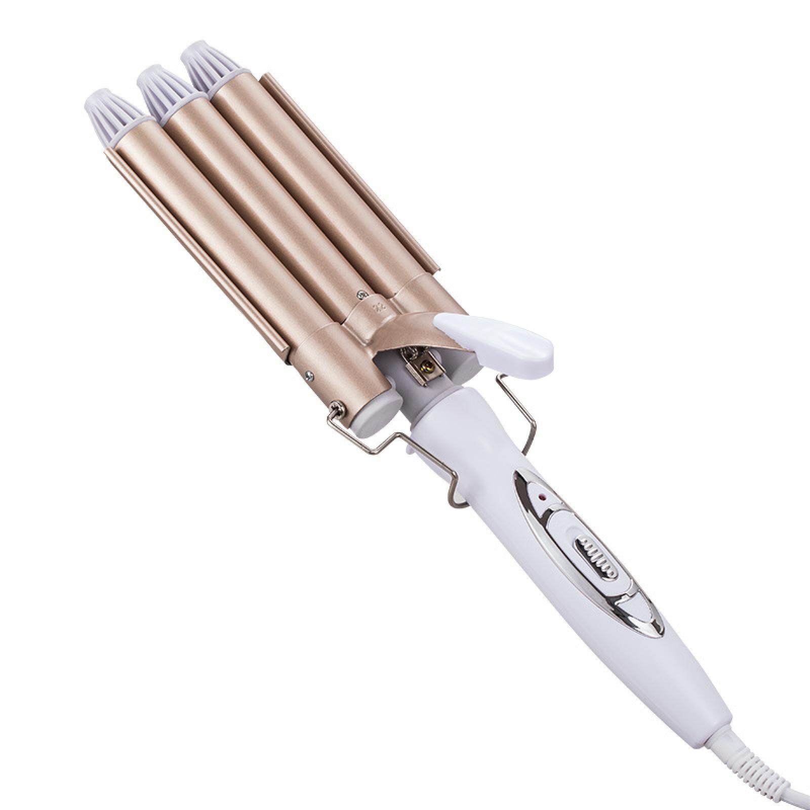 Ein goldfarbener Lockenstab mit drei Heizstäben und weißem Griff.