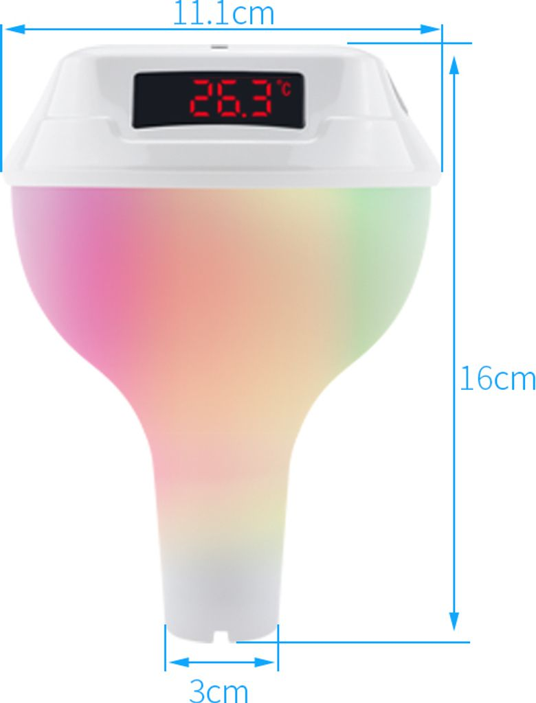 Ein schwimmender Thermometer mit digitaler Anzeige von 26,3°C und Farbwechsel.