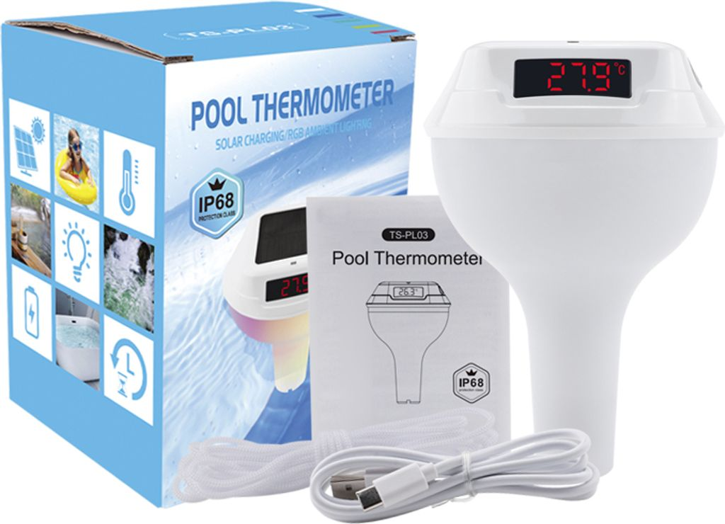 Ein Poolthermometer mit Solaraufladung, Anleitung und USB-Kabel.