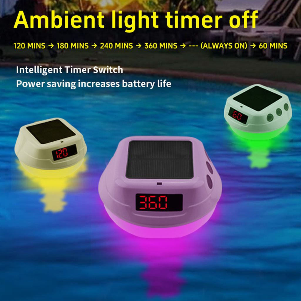 Drei schwebende Poollichter zeigen Timer: 120, 360 und 60 Minuten.