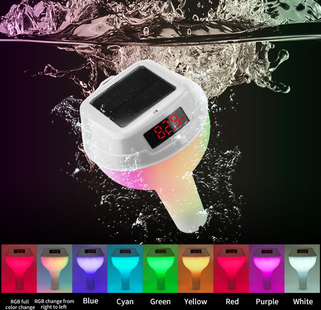 Ein weißes Solarlicht mit digitaler Anzeige taucht in Wasser. Es leuchtet in Regenbogenfarben.