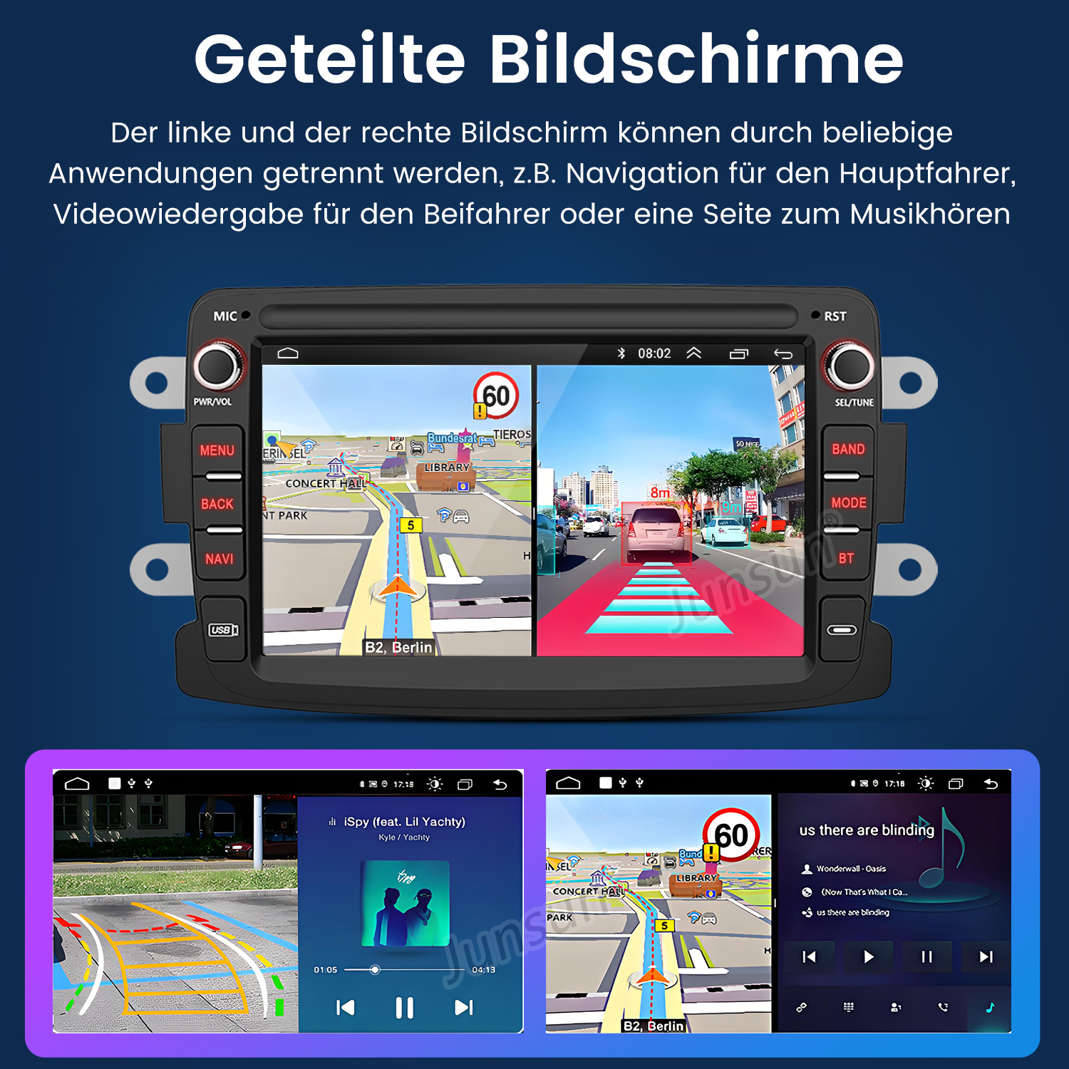 Ein Autoradio mit geteiltem Bildschirm zeigt Navigation und Musik. Unten Ansichten von Rückfahrkamera und Musikplayer.