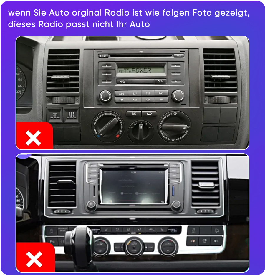 Oben: Autoradio mit Knöpfen und Lüftungsschlitzen. Unten: Moderneres Autoradio mit Bildschirm und Bedienelementen.