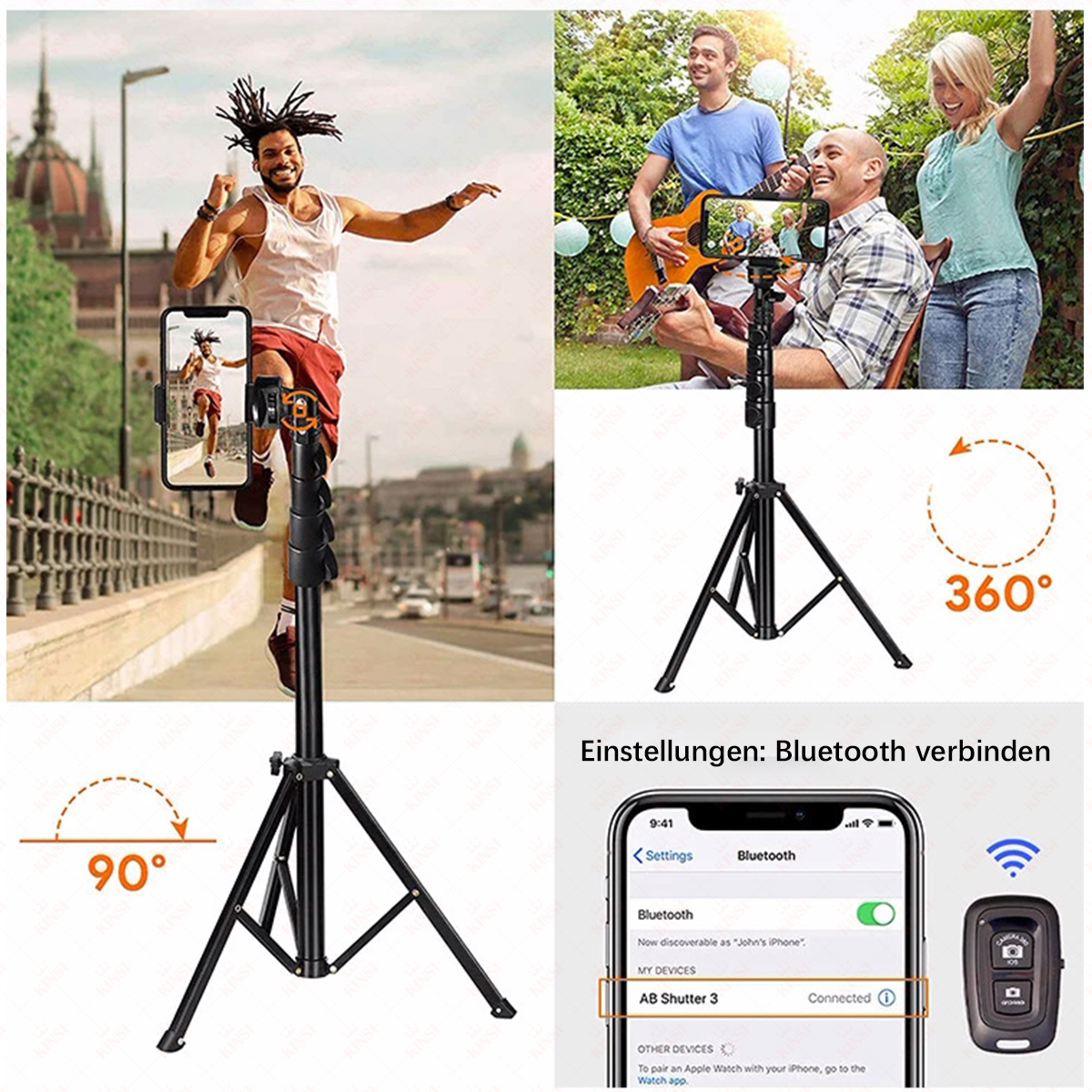 Ein Mann springt vor einer Stadtkulisse, ein Stativ und ein Handy sind zu sehen.