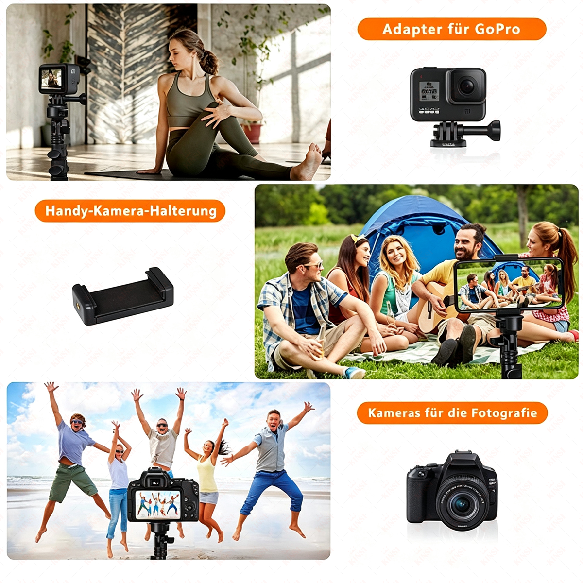 Frau beim Yoga, GoPro, Handyhalterung, Camper, Strand mit springenden Menschen und Kamera.
