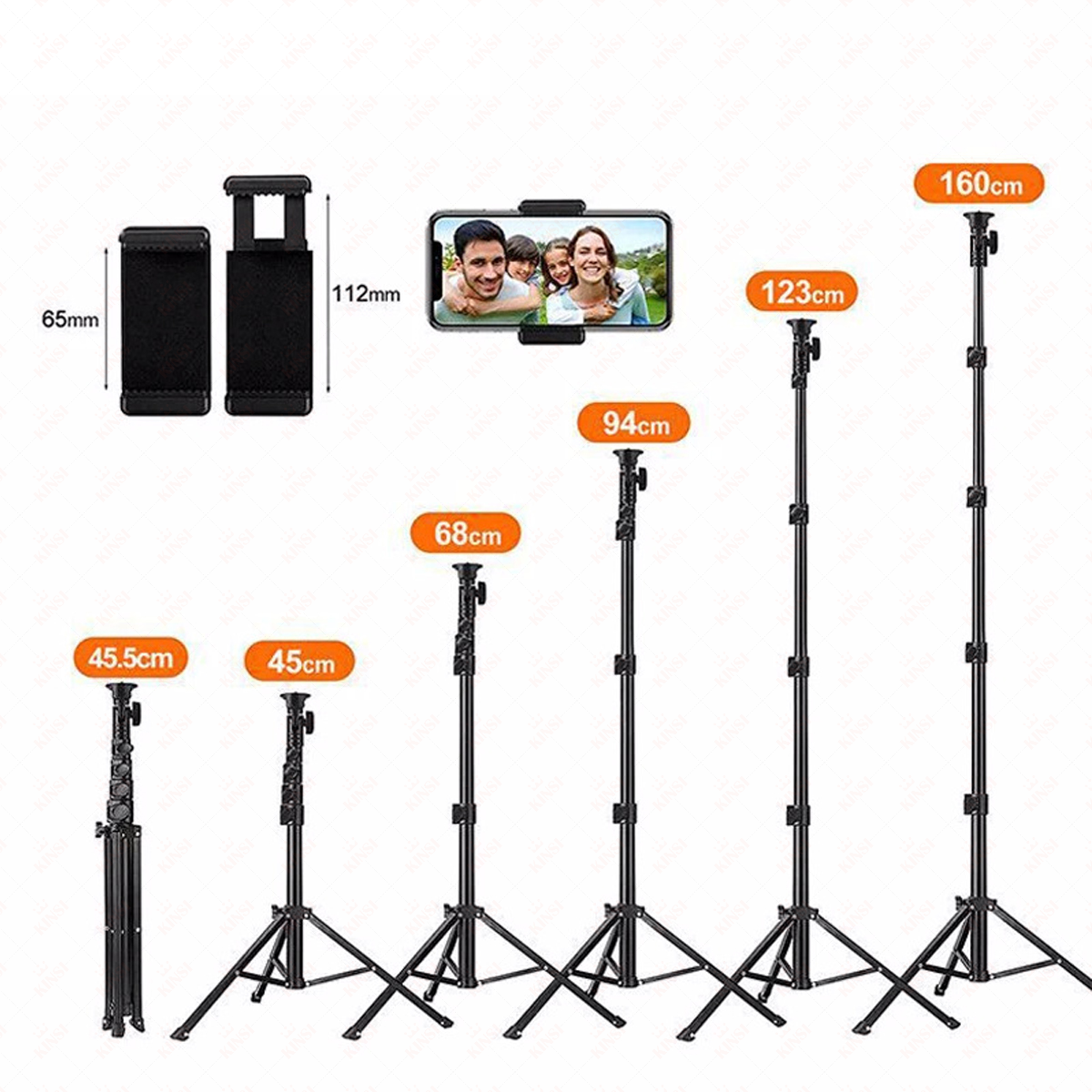 Stative verschiedener Höhen mit Smartphone-Halterung und Handy-Foto.