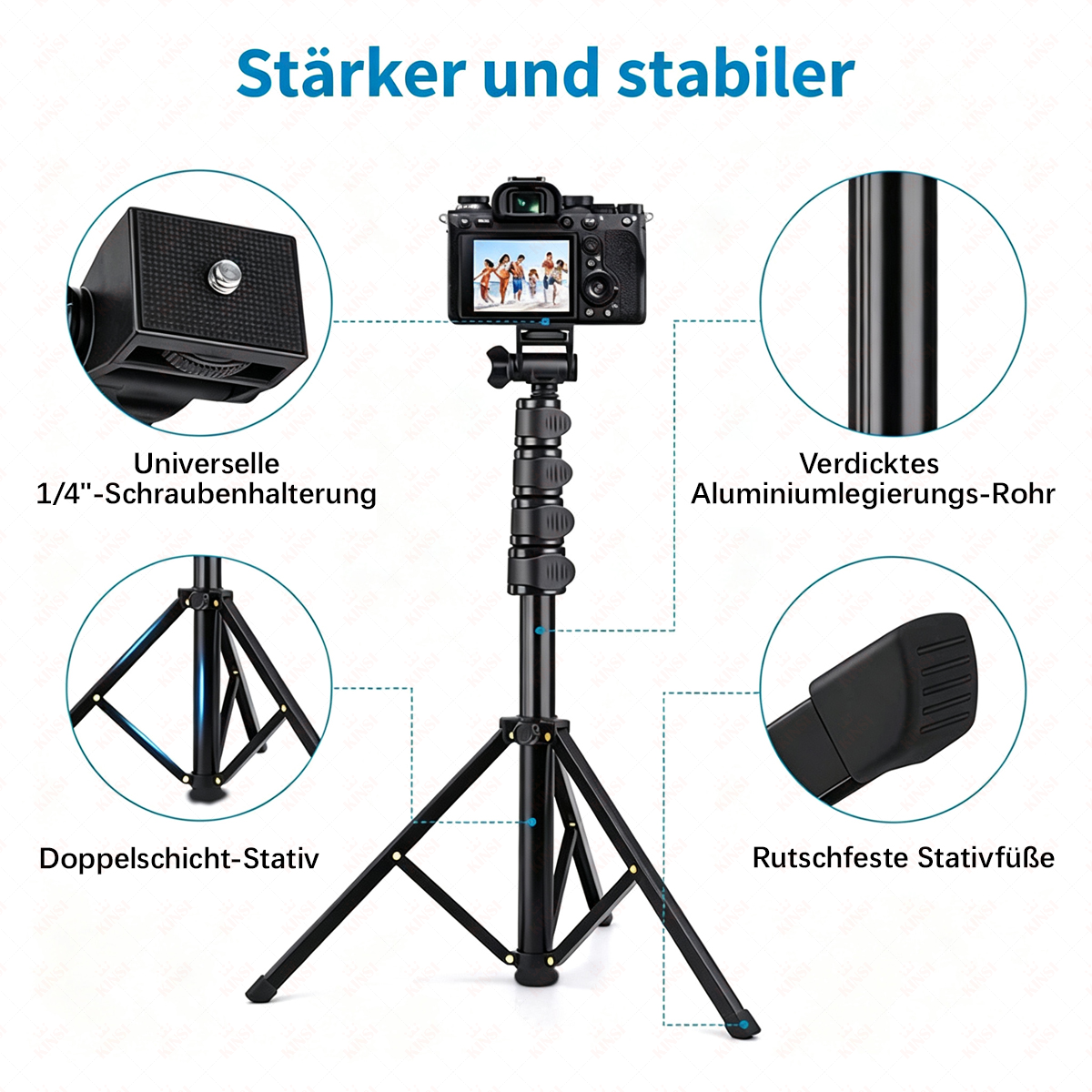 Ein schwarzes Kamerastativ mit einer Kamera darauf. Details zeigen die Halterung, das Rohr und die Füße.