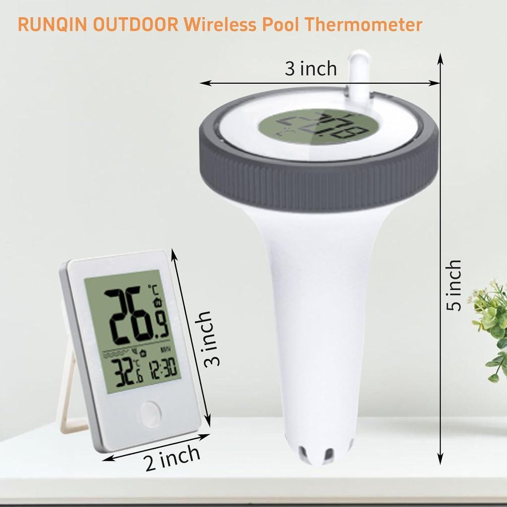 Ein weißer Poolthermometer mit digitaler Anzeige und ein separater Empfänger.