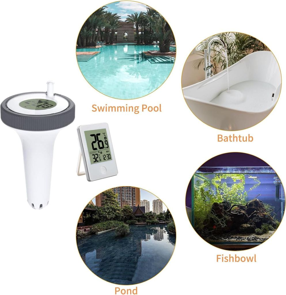 Ein Schwimmbad, eine Badewanne, ein Teich und ein Fischbecken mit einem Thermometer.