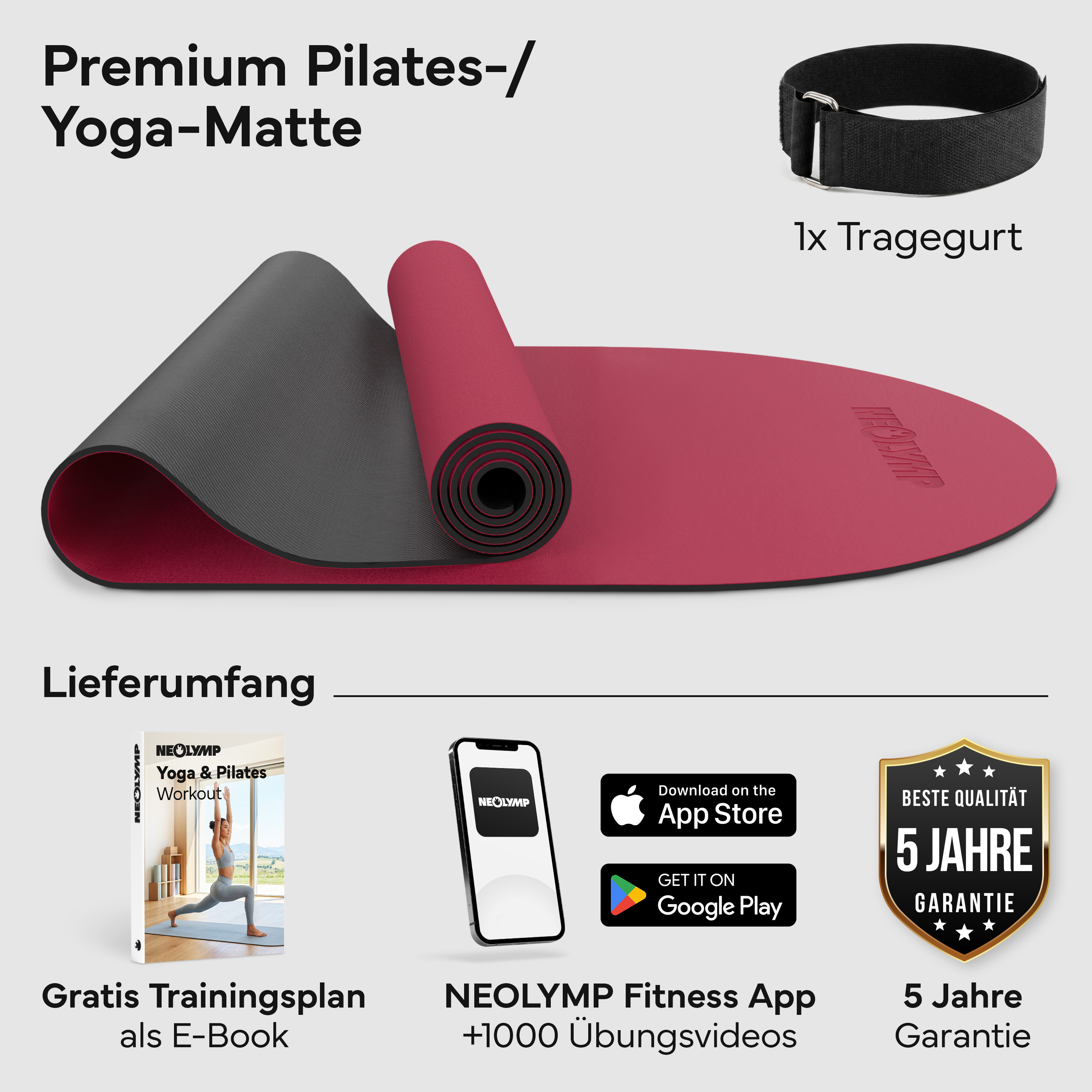 Eine rote und graue Yogamatte mit Tragegurt, Trainingsplan und App.
