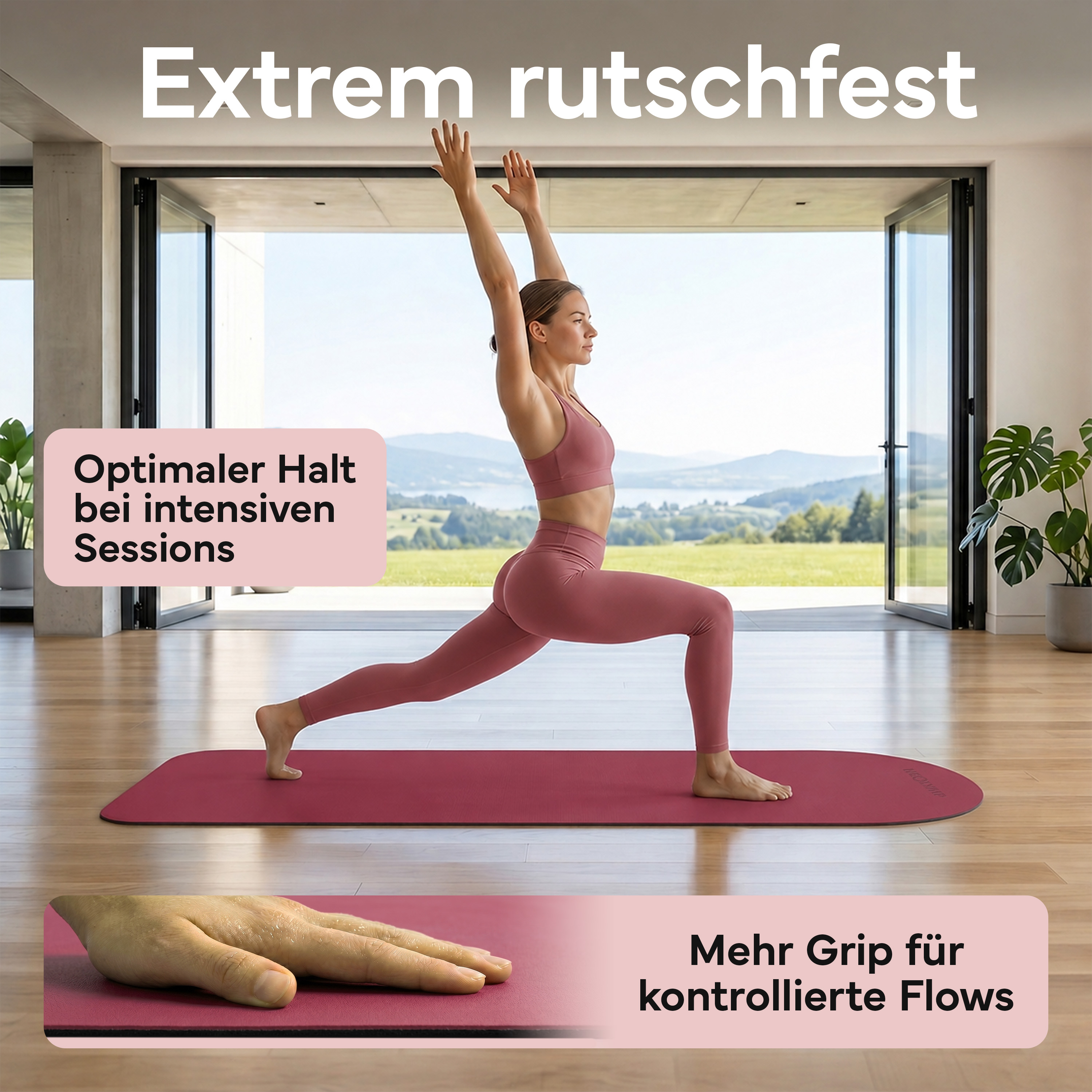 Frau macht Yoga auf einer Matten. "Extrem rutschfest" steht oben.