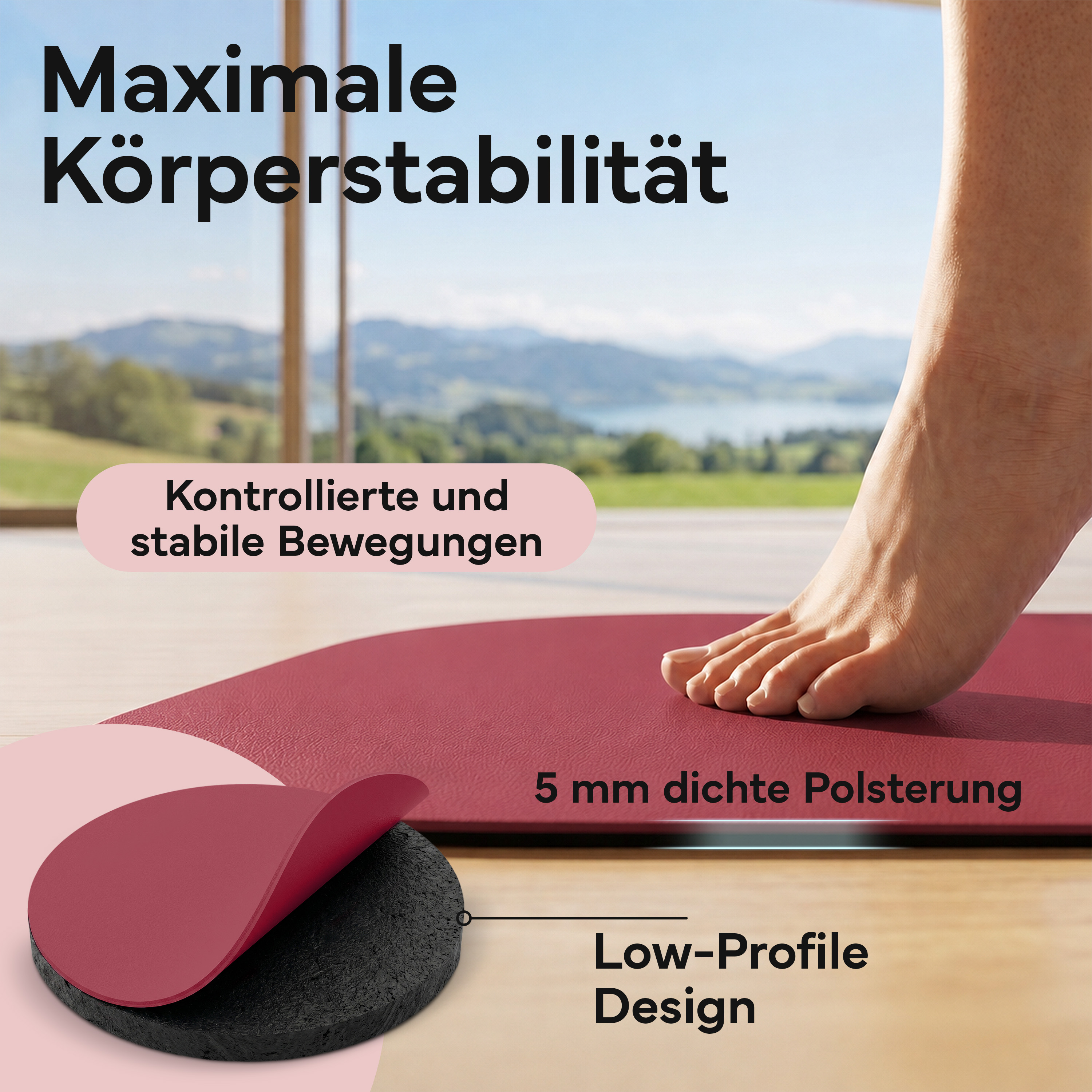 Fuß auf roter Matte mit Text über Stabilität und Polsterung.