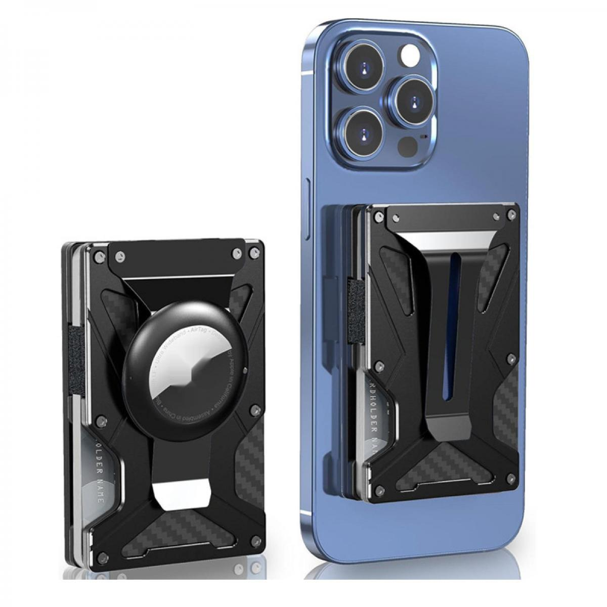 Schwarzer Kartenhalter mit AirTag-Halterung neben blauem iPhone.