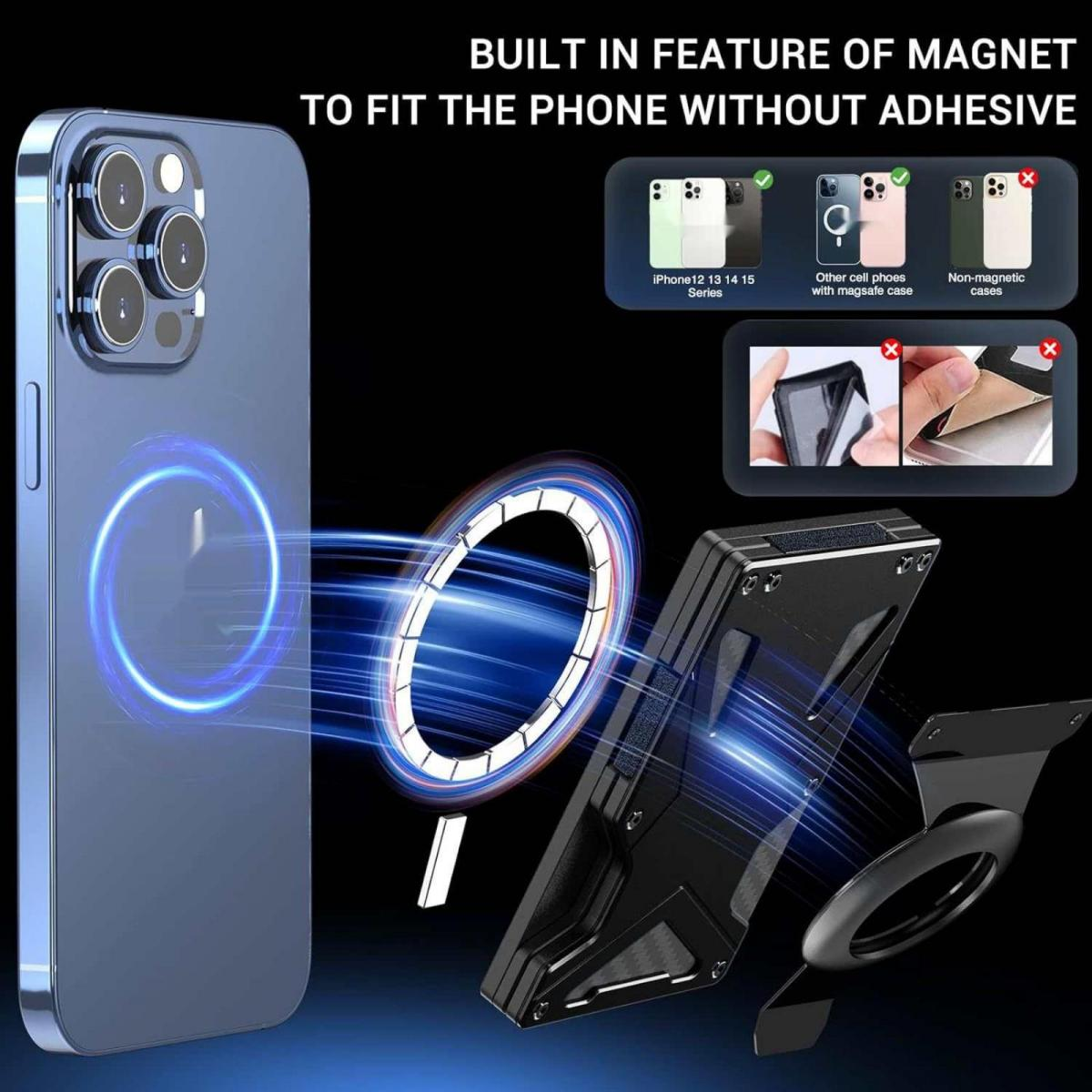 Ein blaues iPhone mit Magnetring-Halterung und Zubehör auf schwarzem Hintergrund.
