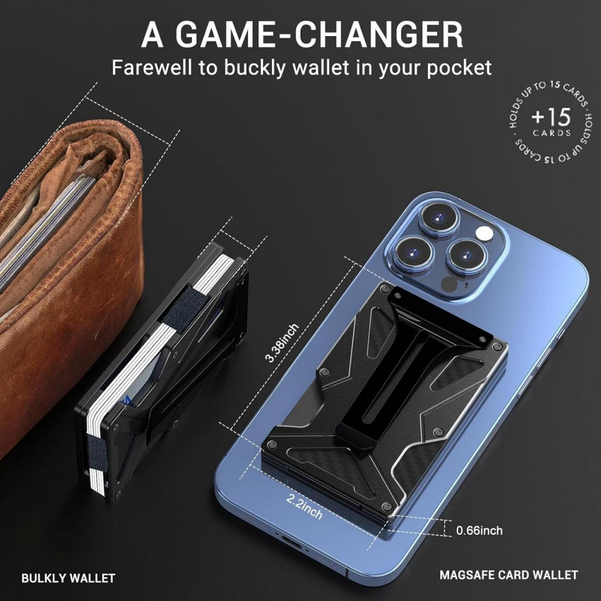 Eine braune, klobige Brieftasche und eine schwarze MagSafe-Kartenbrieftasche auf einem Handy.