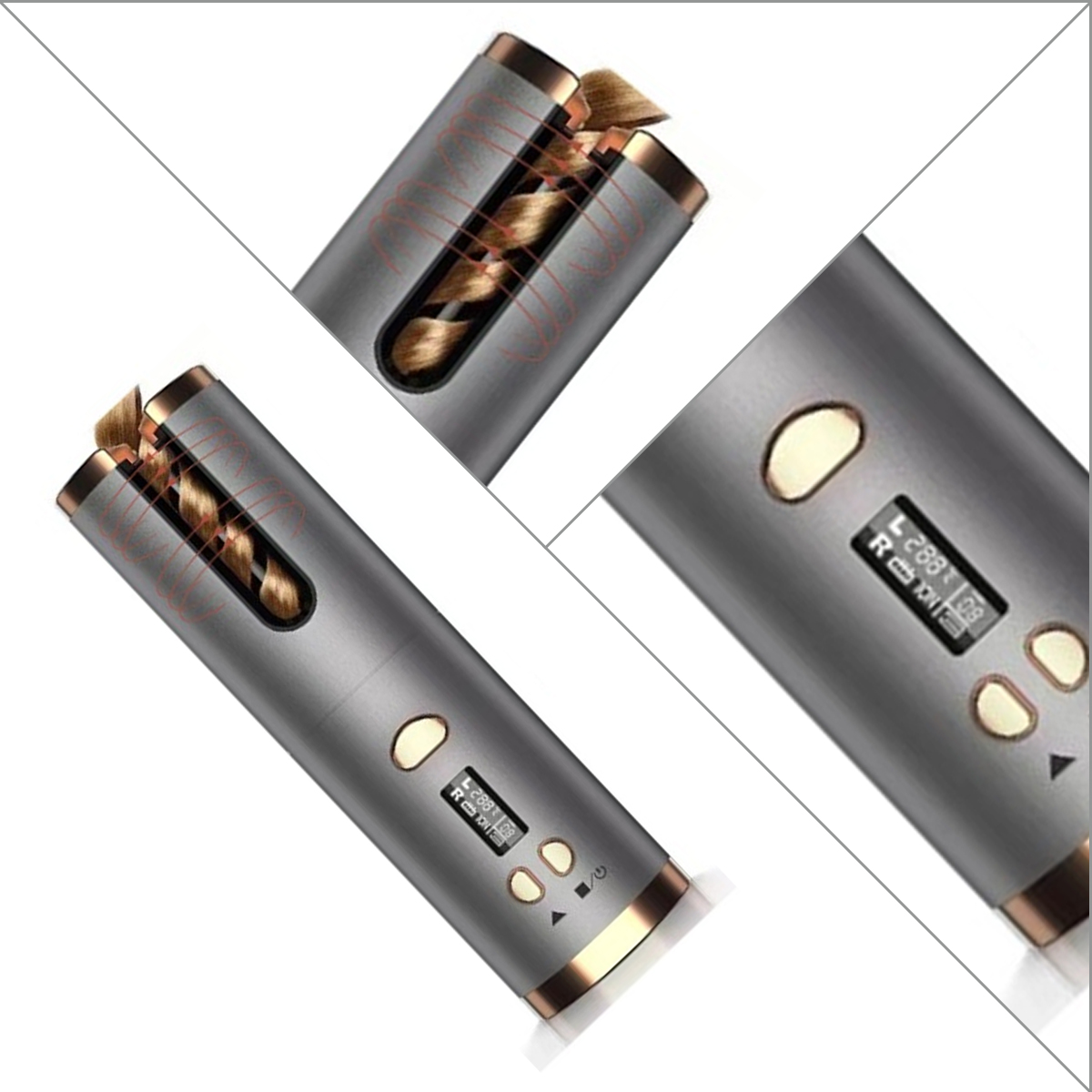 Ein grauer automatischer Lockenstab mit Goldakzenten, der Haare beim Locken zeigt.