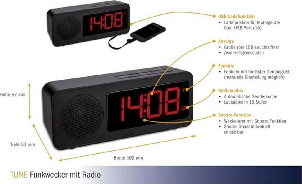 Ein schwarzer Radiowecker mit roten LED-Ziffern zeigt 14:08 an. Maße sind angegeben.
