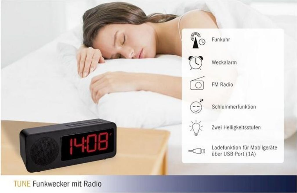 Frau schläft neben einem Radiowecker mit rotem Display und Funktionen.