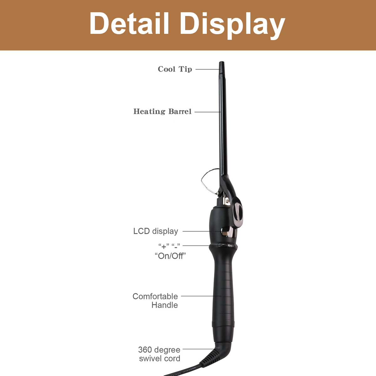 Ein schwarzer Lockenstab mit Beschriftungen für Cool Tip, Heizfass, LCD-Display, Griff und Kabel.