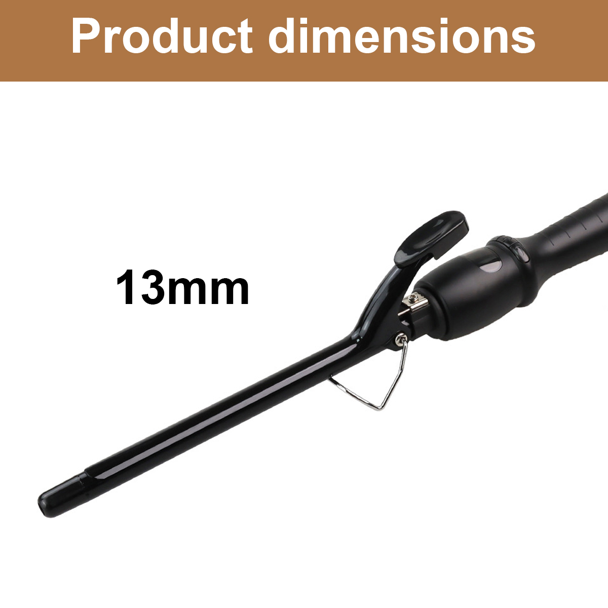 Schwarzer Lockenstab mit 13mm Durchmesser und silbernem Ständer.