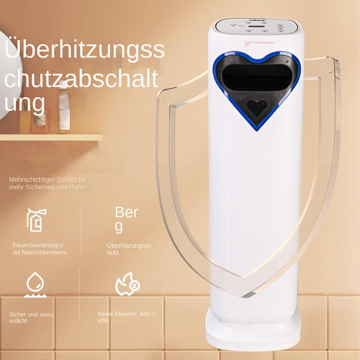 Ein weißer Turm mit Herz-Symbol und Schutzschild-Grafik, mit Text über Überhitzungsschutz.
