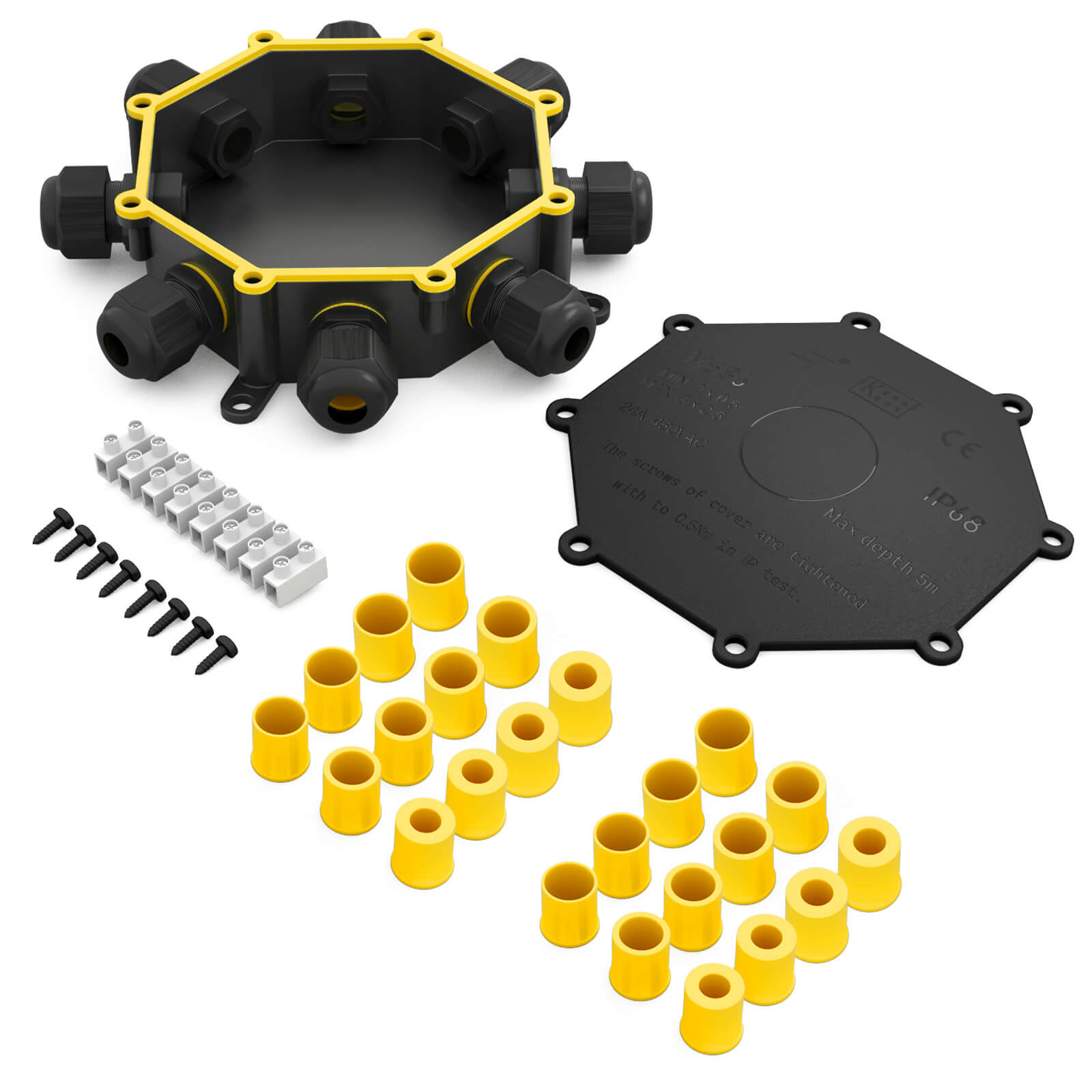 Schwarze Verteilerdose mit gelbem Rand, vielen Kabelverschraubungen und Zubehör.