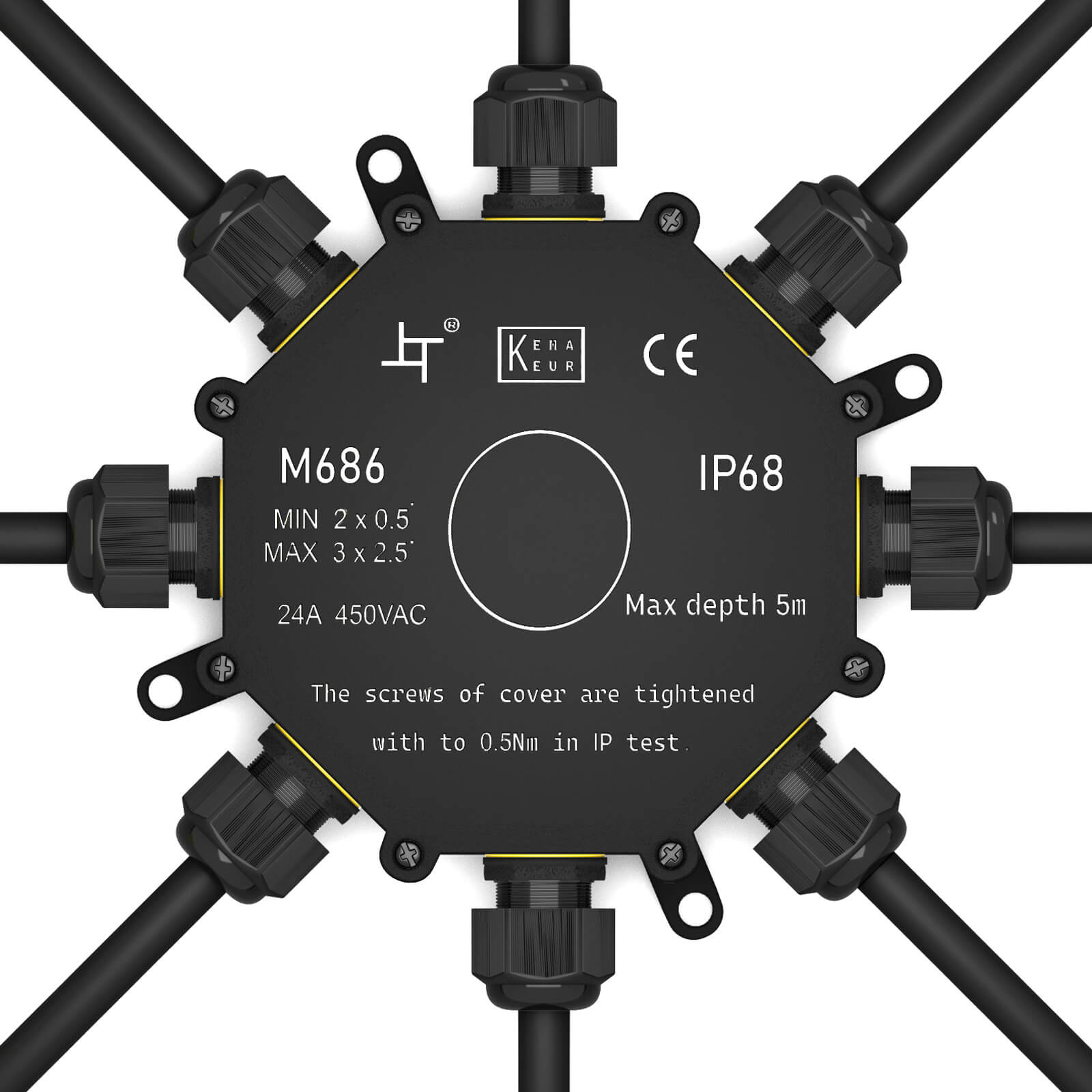 Schwarzes Verteilergehäuse M686 mit 8 Kabelverschraubungen, IP68, CE-Zeichen.