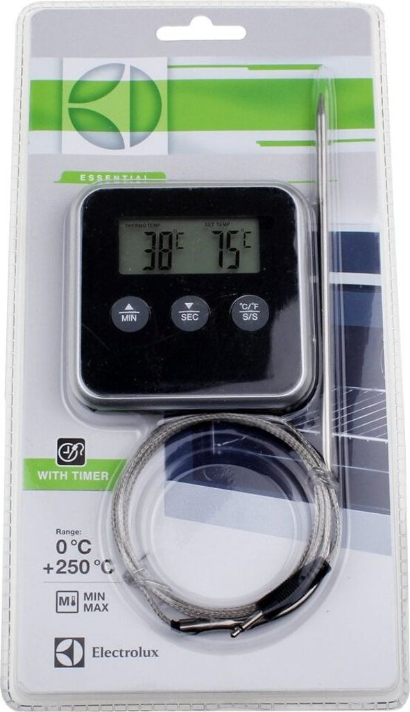 Digitales Thermometer mit Sonde, zeigt 38C Thermo & 75C eingestellte Temperaturen an. Inklusive Timer.