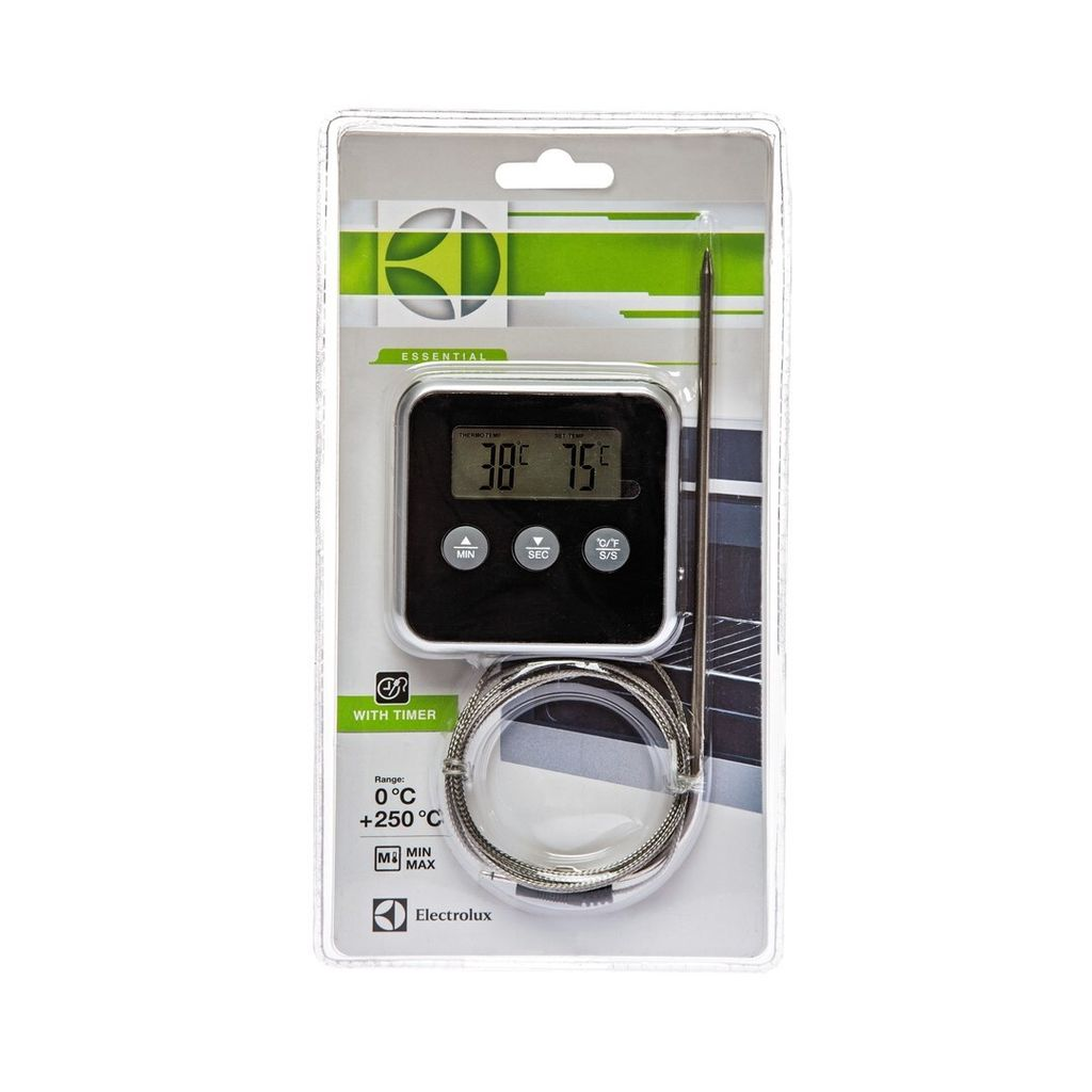 Electrolux Küchenthermometer mit Sonde, zeigt 38C und 75C an. Inklusive Timer.