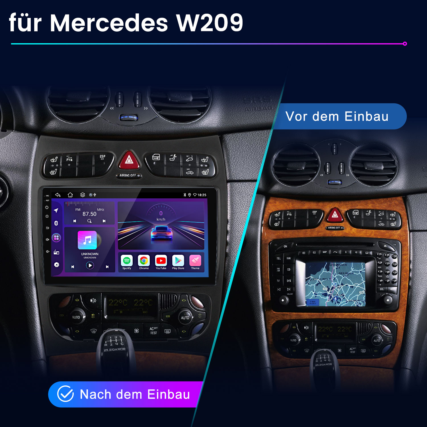 Vorher/Nachher Vergleich eines Mercedes W209 Radios. Links das neue Display, rechts das alte.