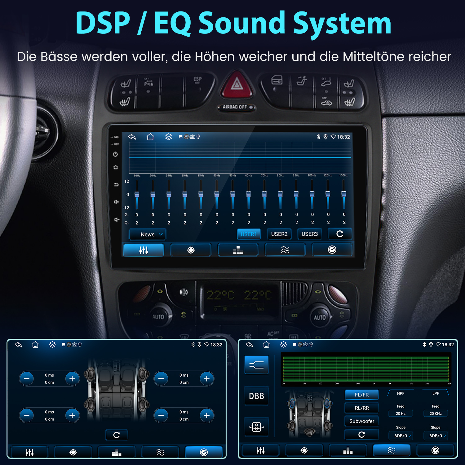 Autoradio-Bildschirme zeigen Equalizer- und Klang-Einstellungen mit Diagrammen.