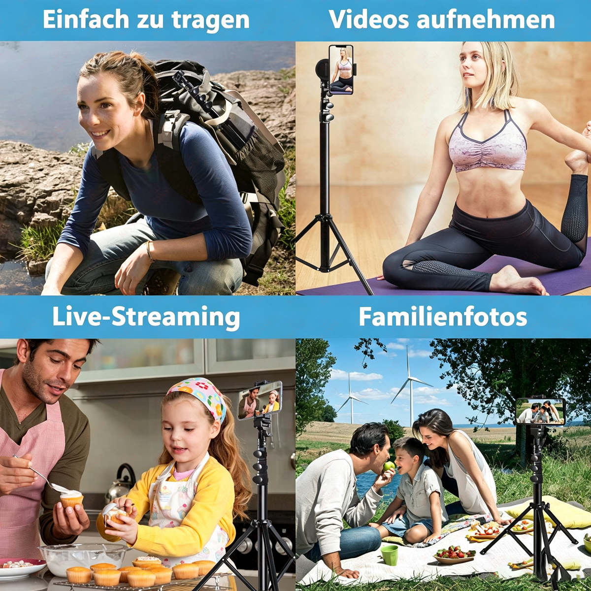 Vier Szenen: Frau mit Rucksack, Frau beim Yoga, Familie backt, Familie im Freien.