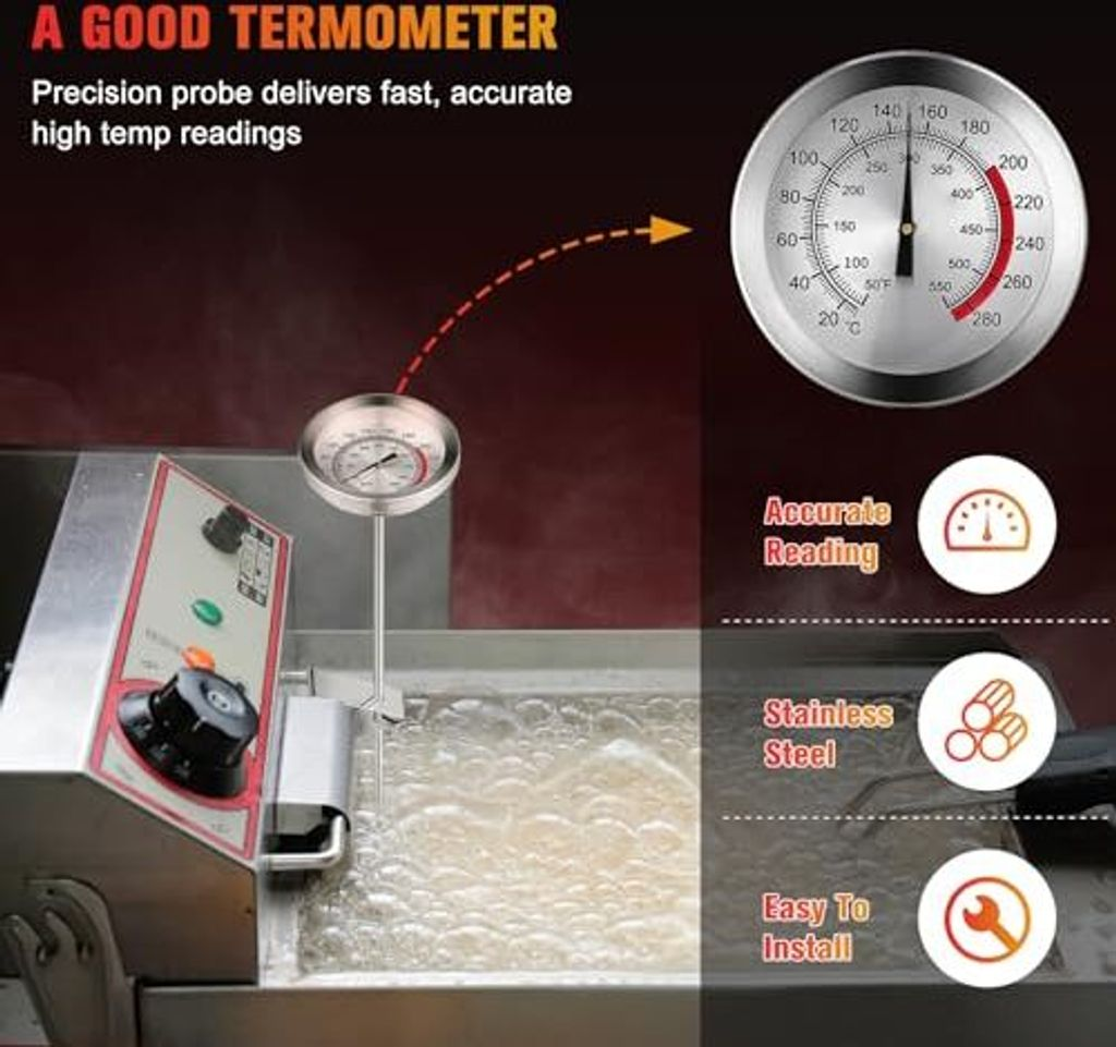 Ein Thermometer mit präziser Sonde misst die Temperatur in einem brutzelnden Behälter.