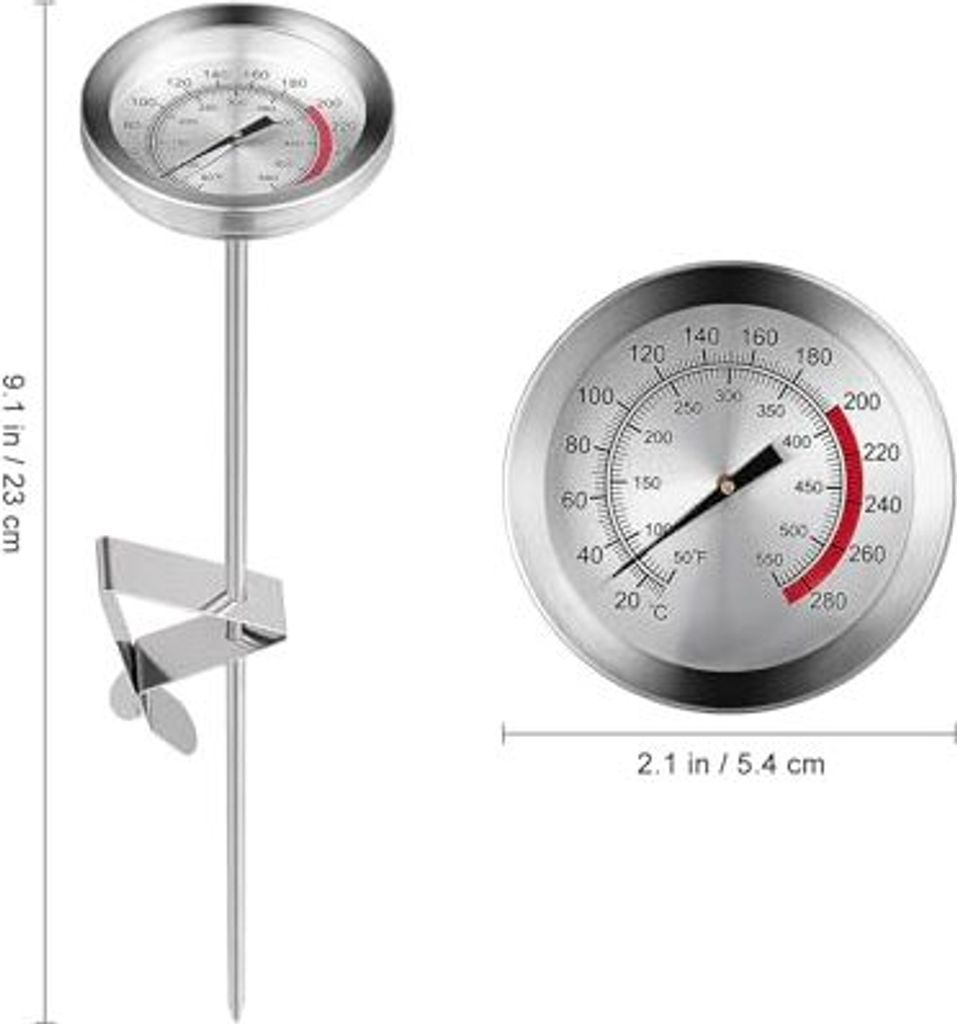 Silbernes Zifferblattthermometer mit Sonde und Clip. Misst 23 cm Höhe.