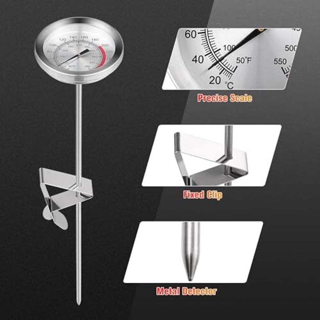 Ein Metall-Speisethermometer mit Zifferblatt, Clip und spitzem Fühler wird gezeigt.
