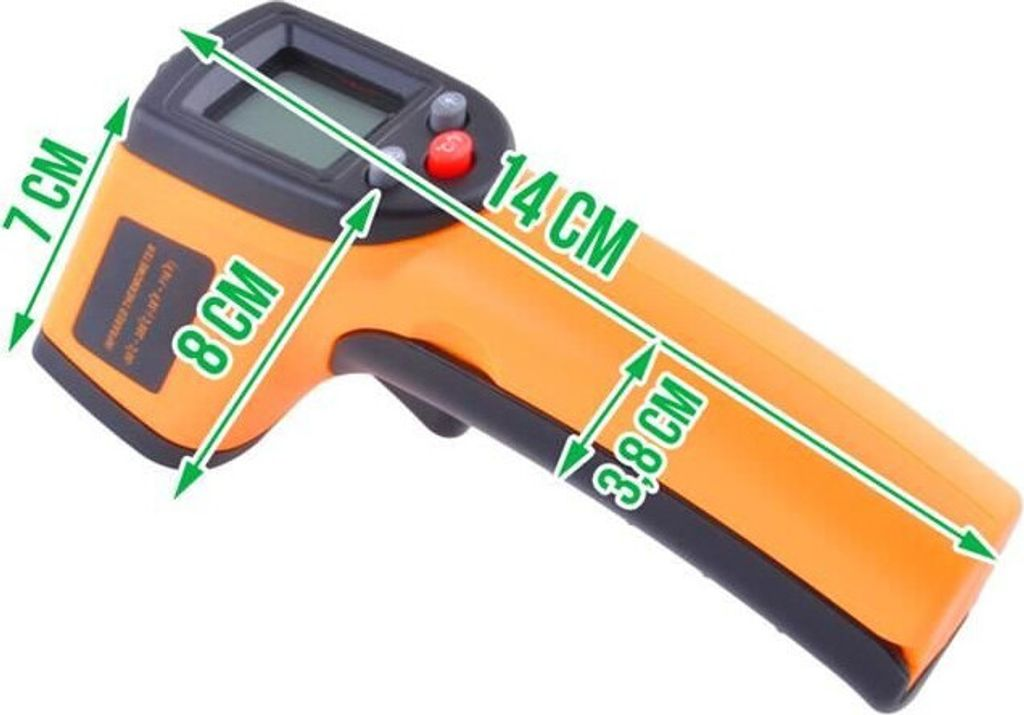 Ein oranges Infrarot-Thermometer mit schwarzen Akzenten und Maßen.