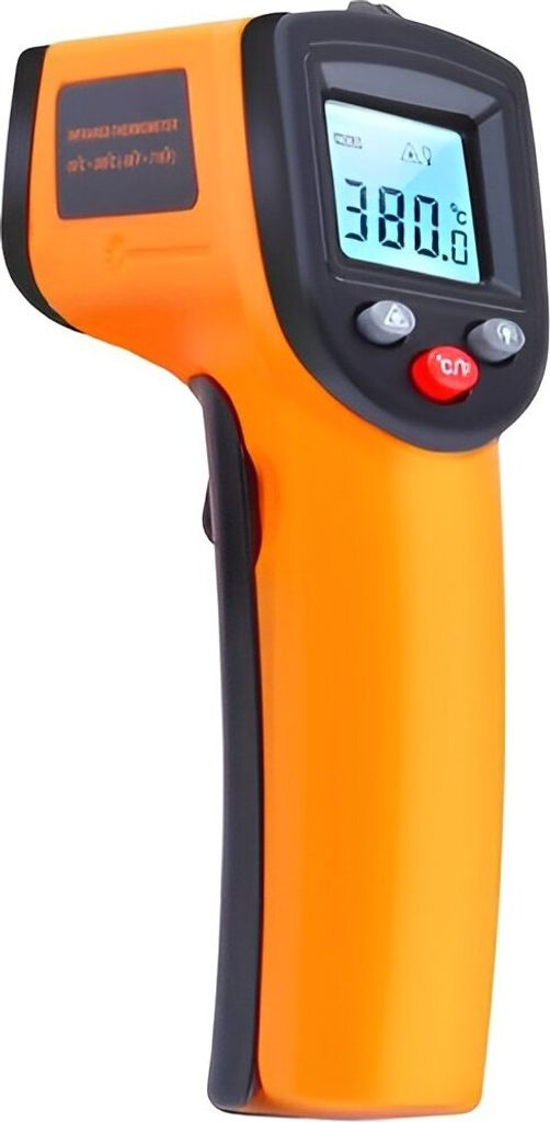 Ein oranges Infrarot-Thermometer mit schwarzem Griff und LCD-Display, das 380,0°C anzeigt.