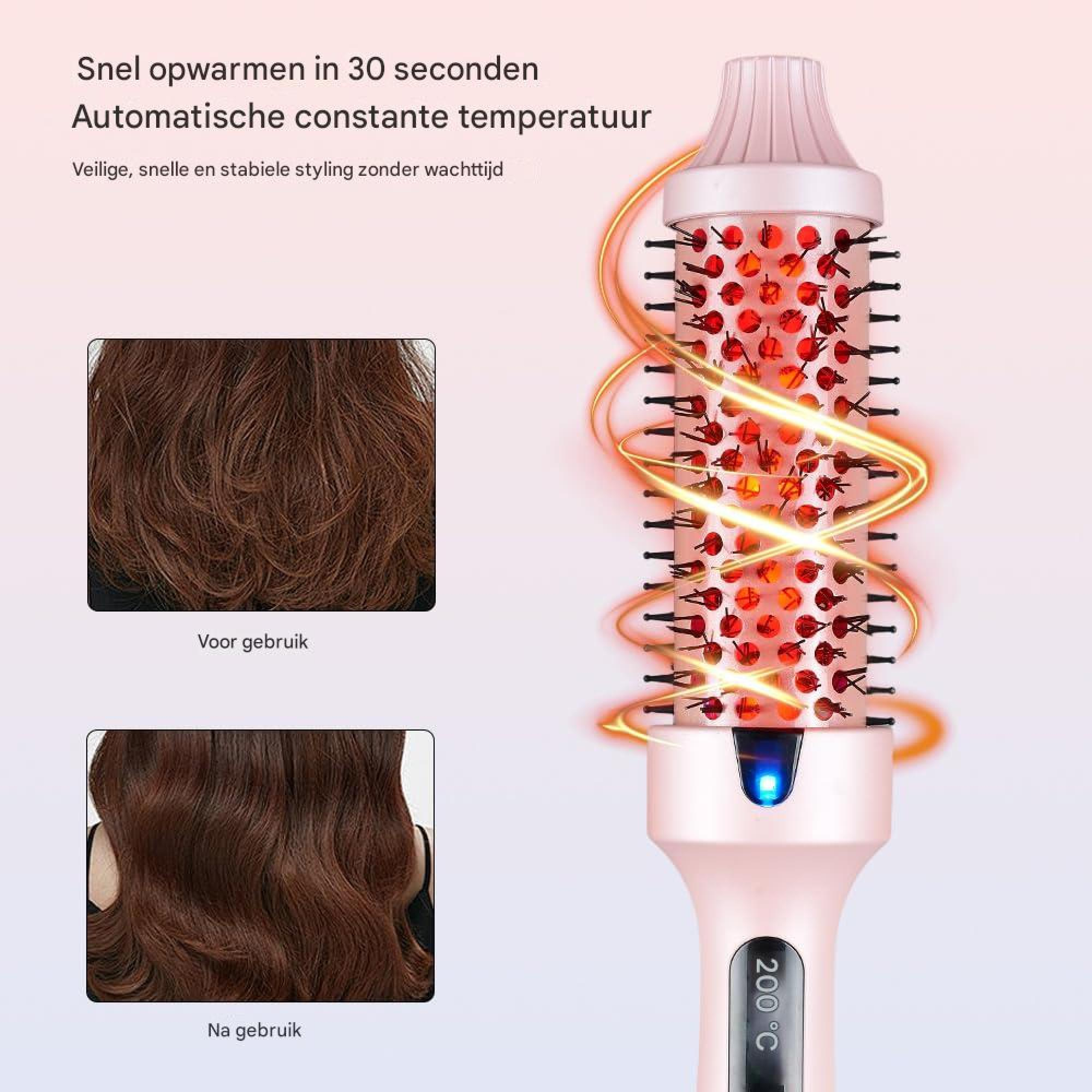 Ein rosa Lockenstab mit roten Heizelementen und zwei Haarbildern daneben.