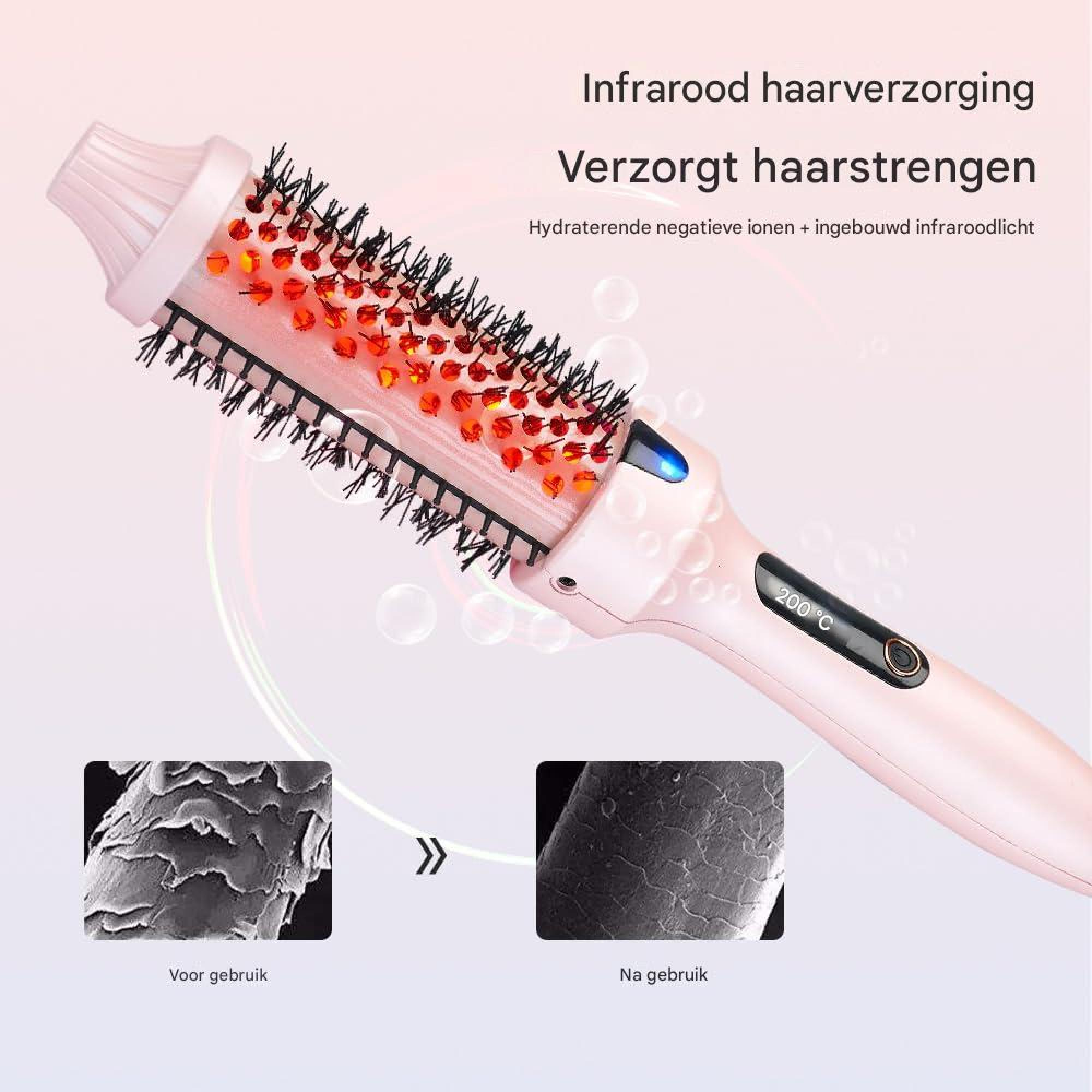 Rosa Infrarot-Haarpflegegerät mit Borsten und roten Heizelementen. Vorher/Nachher-Haarvergleich.