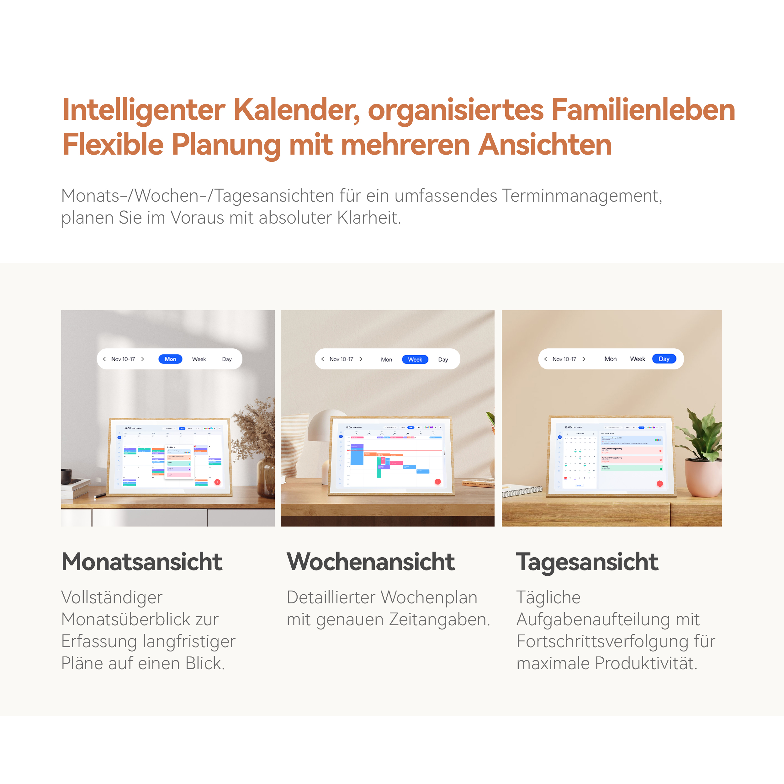 Drei Kalenderansichten: Monat, Woche und Tag, auf digitalen Tablets.
