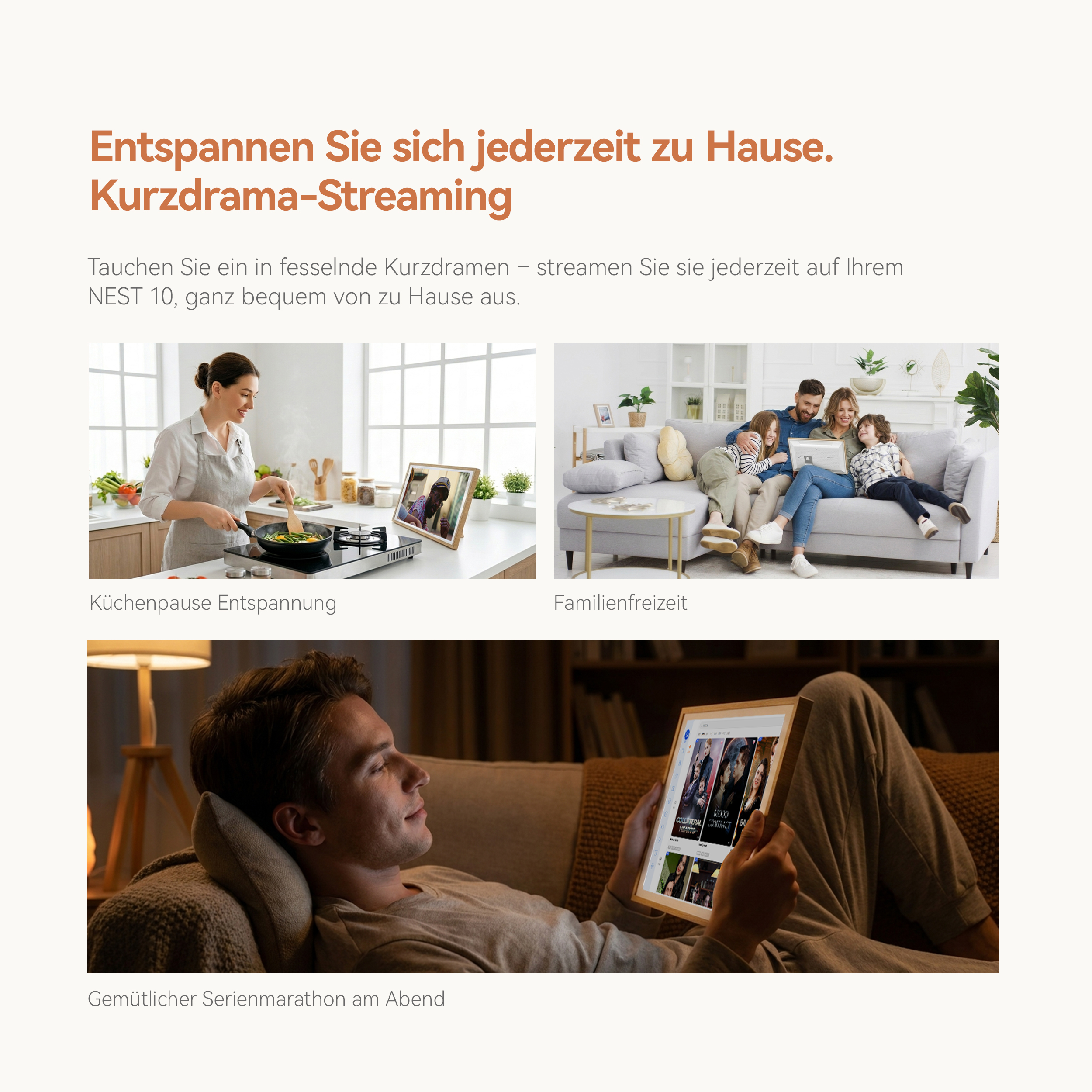 Frau kocht, Familie schaut Tablet, Mann entspannt mit Tablet.