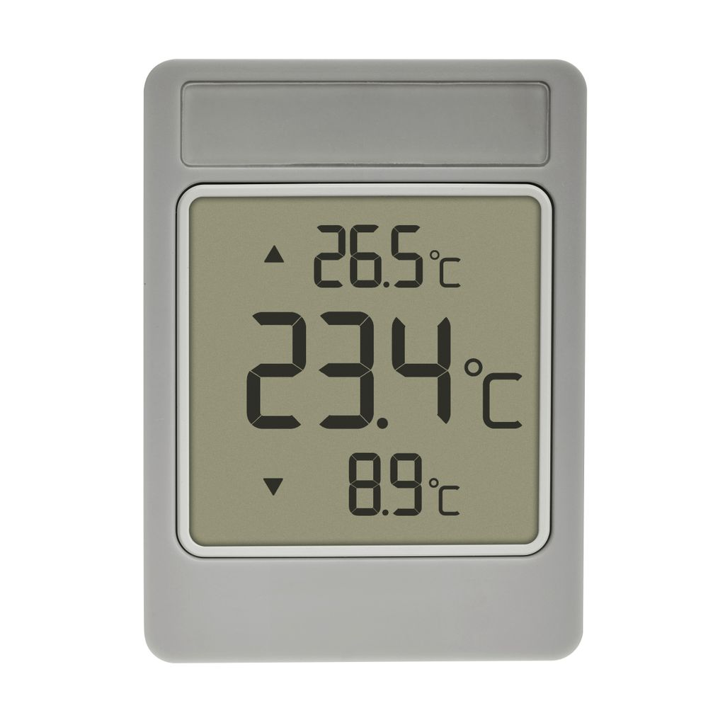Ein graues digitales Thermometer zeigt 26,5°C, 23,4°C und 8,9°C.