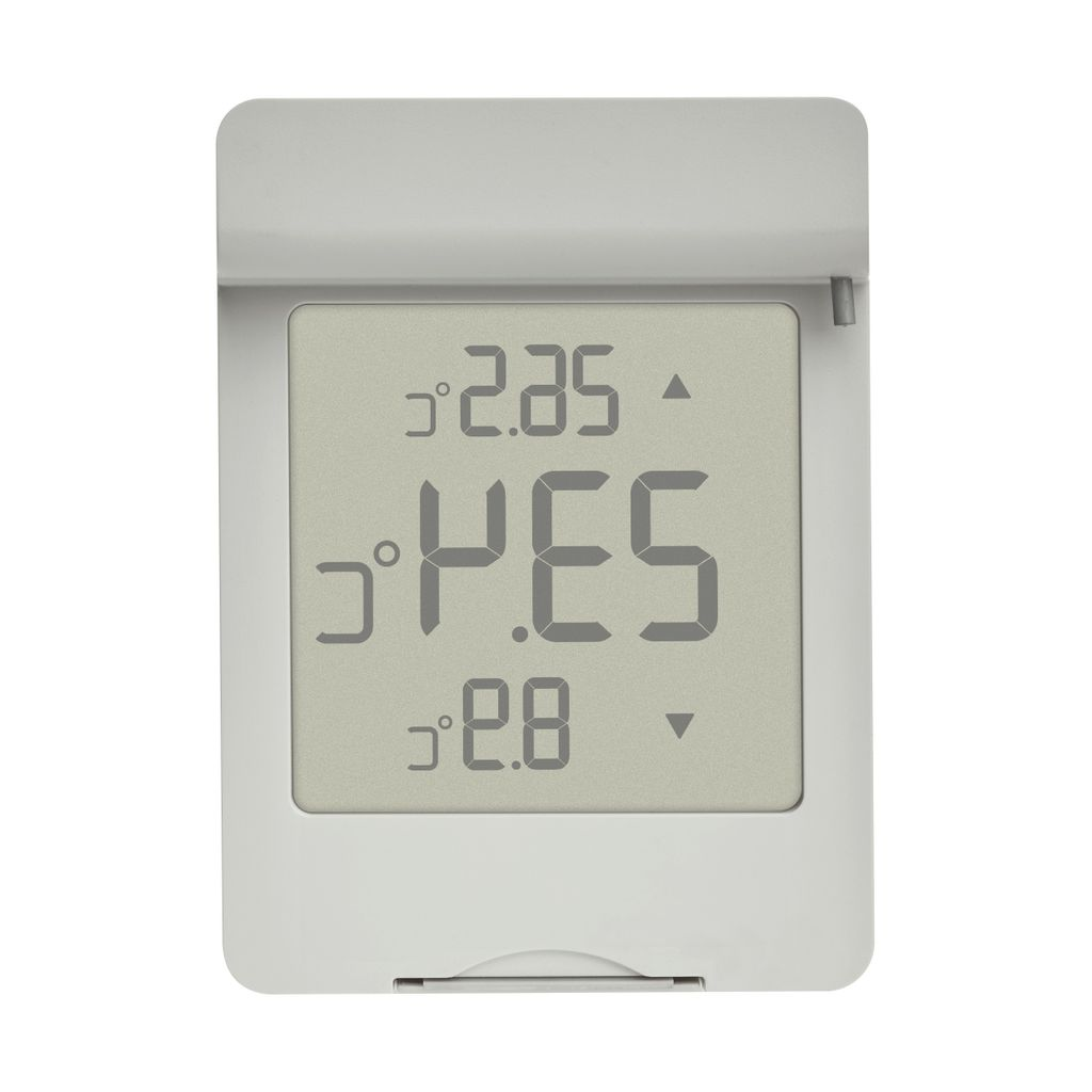 Ein weier digitaler Thermometer zeigt 2,85°C, HES und 2,8°C an.