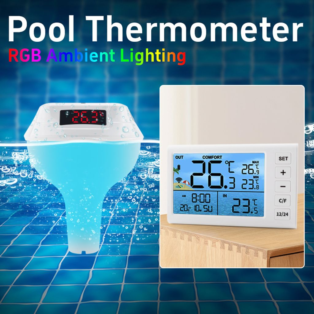 Ein Poolthermometer schwimmt im Wasser, daneben ein digitaler Empfänger.